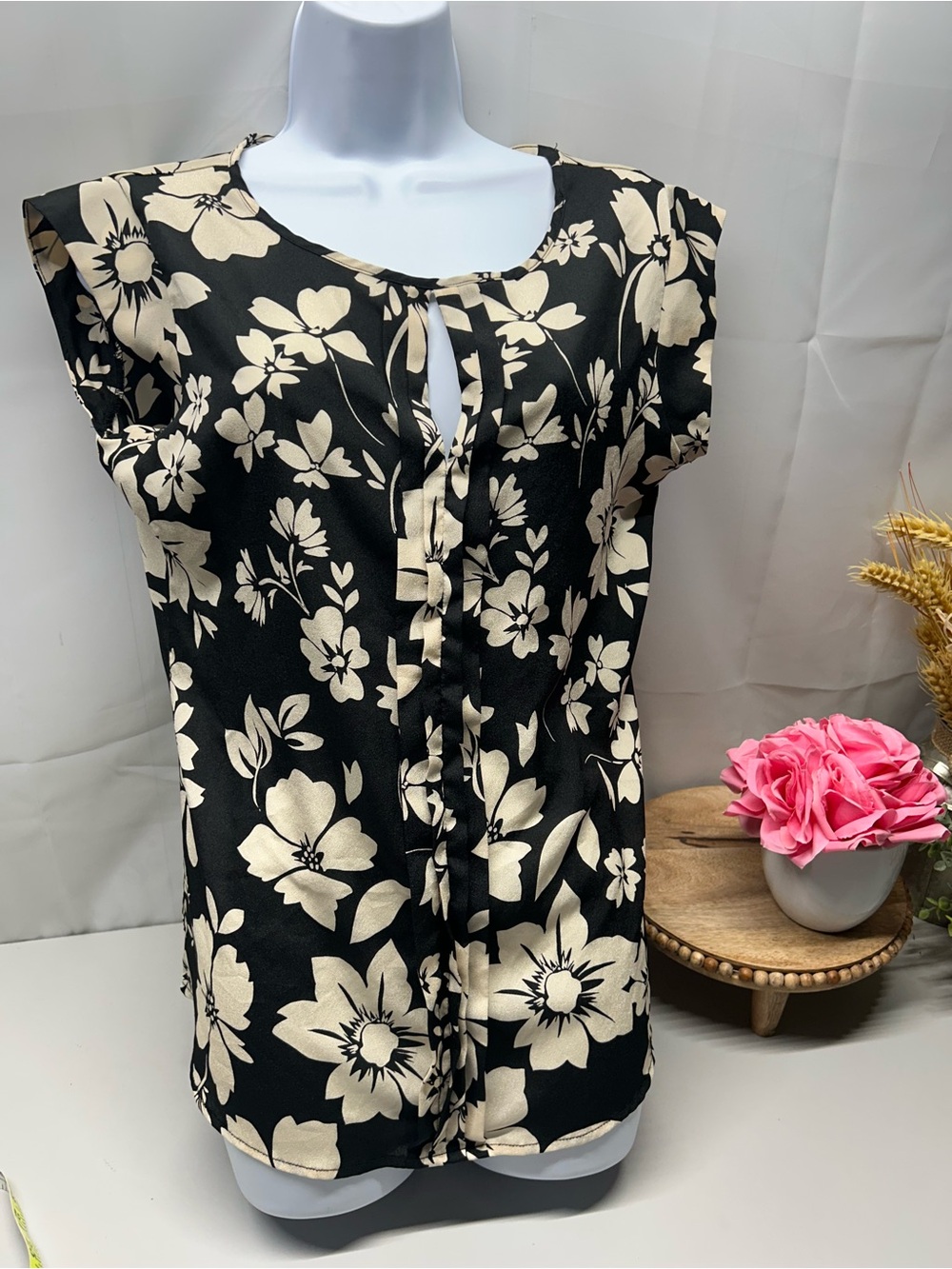The Limited Black Blouse with Cream Floral Print and Tie Keyhole